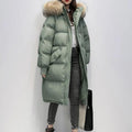 Women’s Faux-Fur Hooded Long Puffer Parka – Insulated Winter Coat with Ribbed Cuffs and Utility Pockets