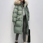 Women’s Faux-Fur Hooded Long Puffer Parka – Insulated Winter Coat with Ribbed Cuffs and Utility Pockets