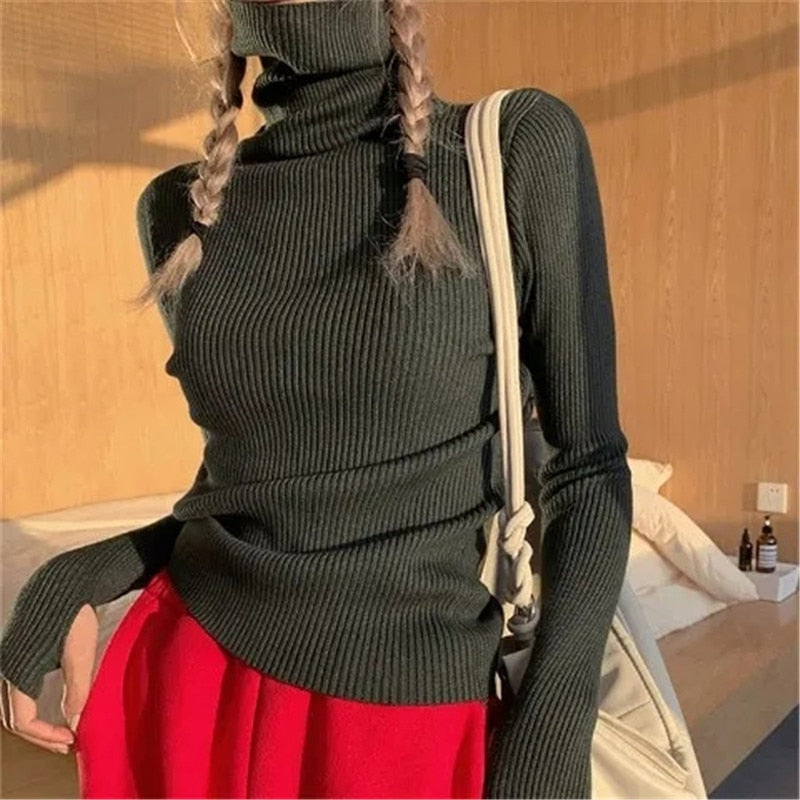 Women’s Ribbed Turtleneck Jumper Soft Stretch Knit Slim Fit Pullover