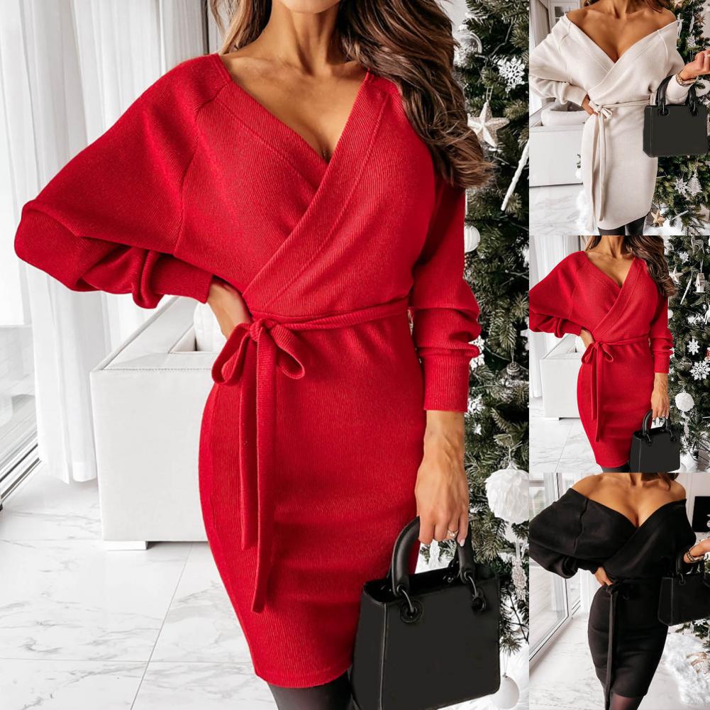 Women’s Knitted Wrap Sweater Dress with Belt – Warm Autumn and Winter Style