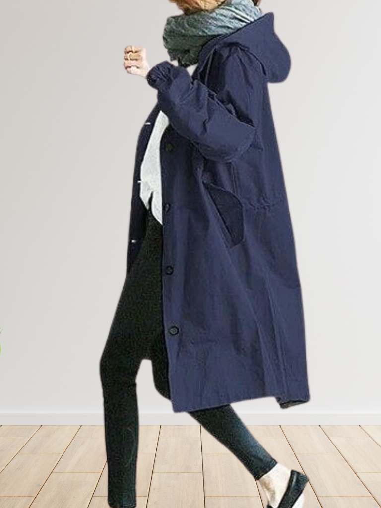 Women's Button-Front Trench Coat with Hood and Pockets