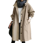 Women's Button-Front Trench Coat with Hood and Pockets