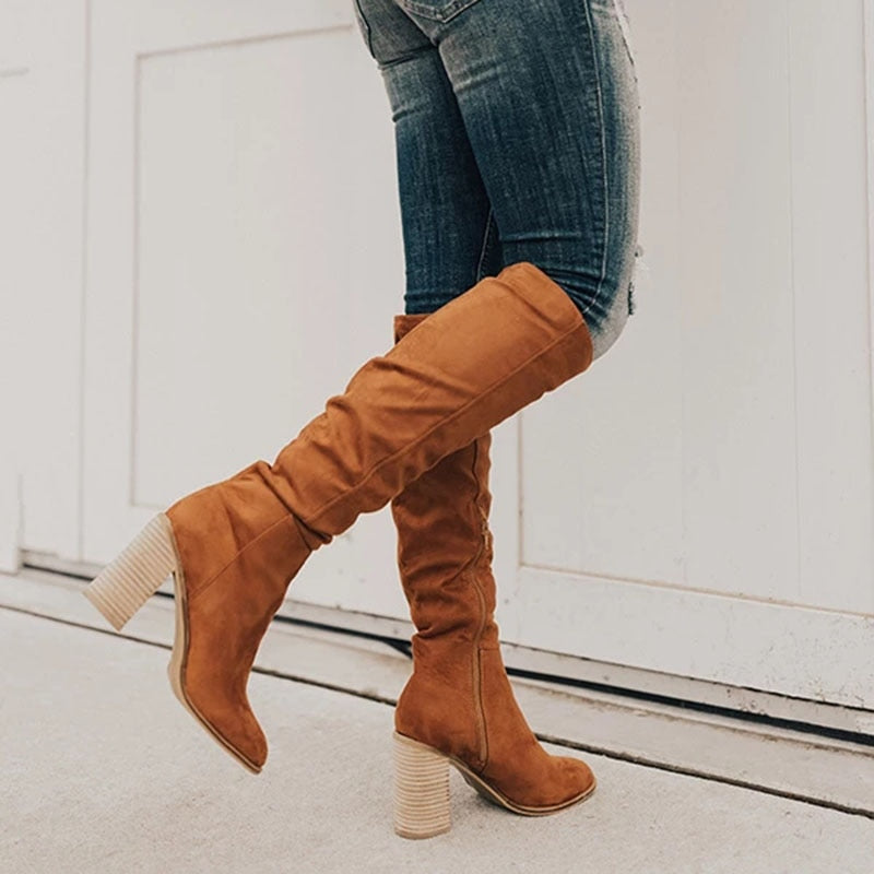 Women's Knee-High Boots with Block Heel and Side Zip