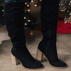 Women's Knee-High Boots with Block Heel and Side Zip