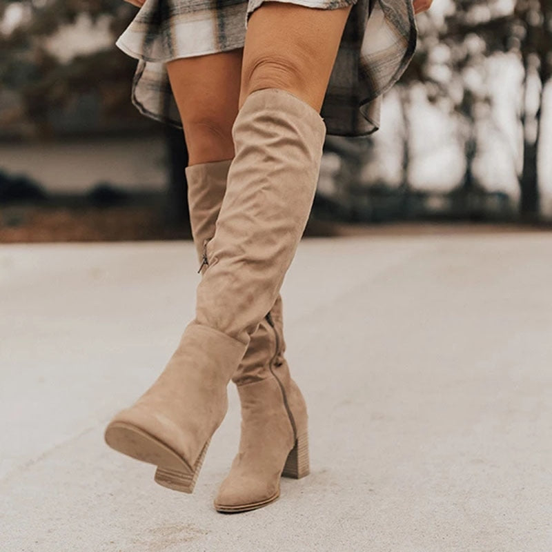 Women's Knee-High Boots with Block Heel and Side Zip