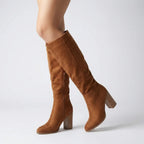 Women's Knee-High Boots with Block Heel and Side Zip