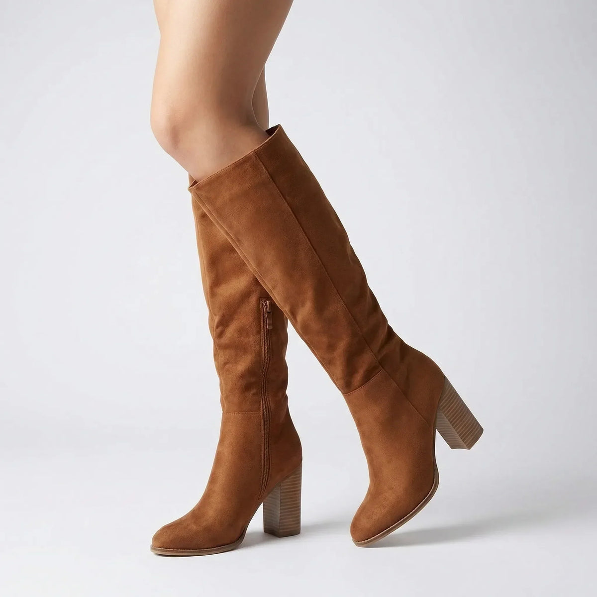 Women's Knee-High Boots with Block Heel and Side Zip