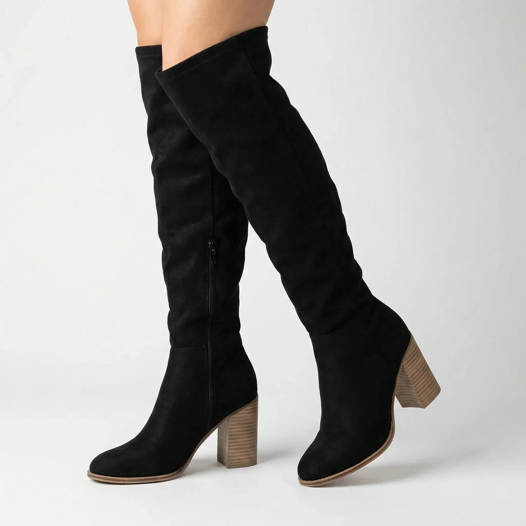 Women's Knee-High Boots with Block Heel and Side Zip