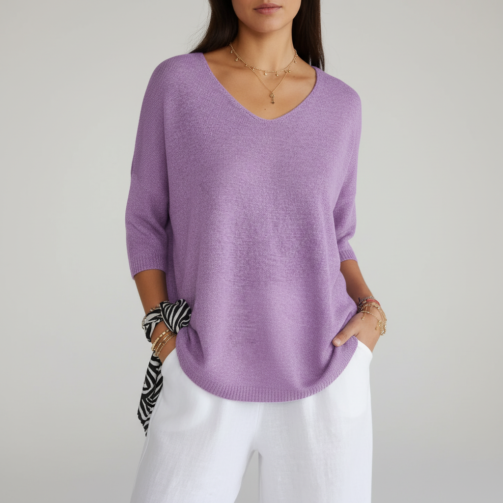 Women’s Lightweight V Neck Knit Top Relaxed Three Quarter Sleeves