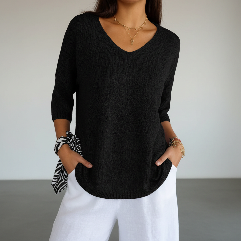 Women’s Lightweight V Neck Knit Top Relaxed Three Quarter Sleeves