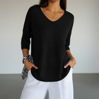 Women’s Lightweight V Neck Knit Top Relaxed Three Quarter Sleeves