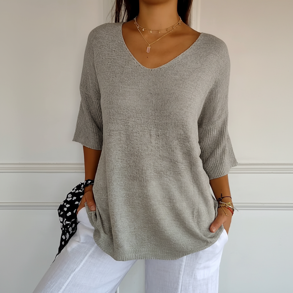 Women’s Lightweight V Neck Knit Top Relaxed Three Quarter Sleeves