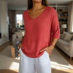 Women’s Lightweight V Neck Knit Top Relaxed Three Quarter Sleeves