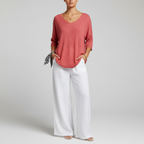 Women’s Lightweight V Neck Knit Top Relaxed Three Quarter Sleeves