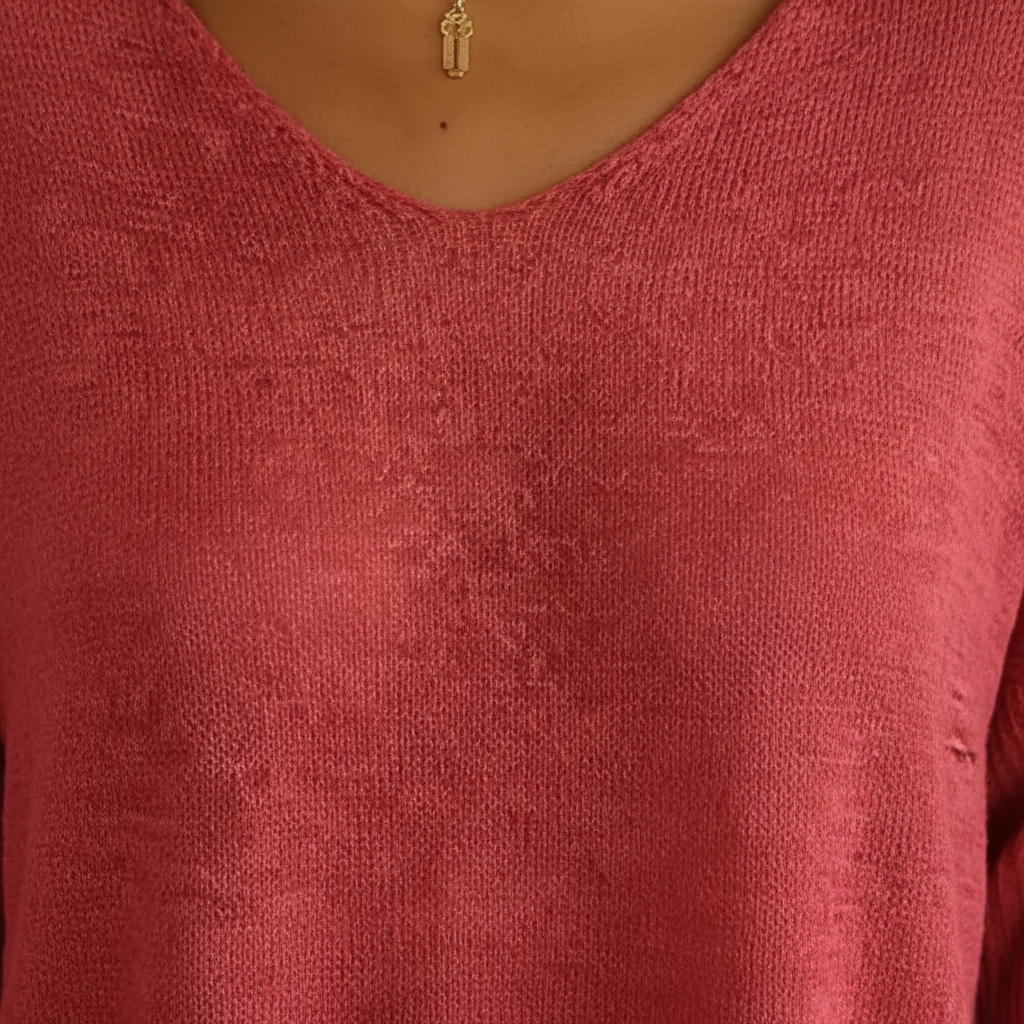 Women’s Lightweight V Neck Knit Top Relaxed Three Quarter Sleeves
