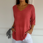 Women’s Lightweight V Neck Knit Top Relaxed Three Quarter Sleeves