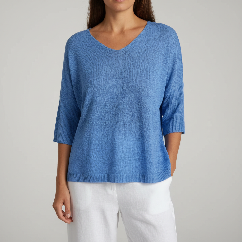 Women’s Lightweight V Neck Knit Top Relaxed Three Quarter Sleeves