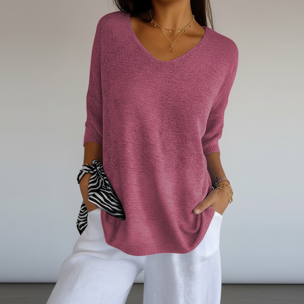 Women’s Lightweight V Neck Knit Top Relaxed Three Quarter Sleeves