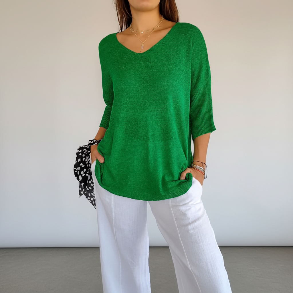 Women’s Lightweight V Neck Knit Top Relaxed Three Quarter Sleeves