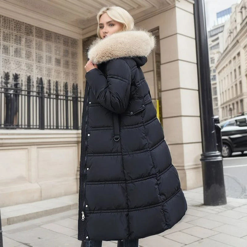 Women’s Belted Long Puffer Coat – Faux-Fur Collar Padded Winter Style for Cold-Weather City Wear Travel and Elegant Everyday Layering