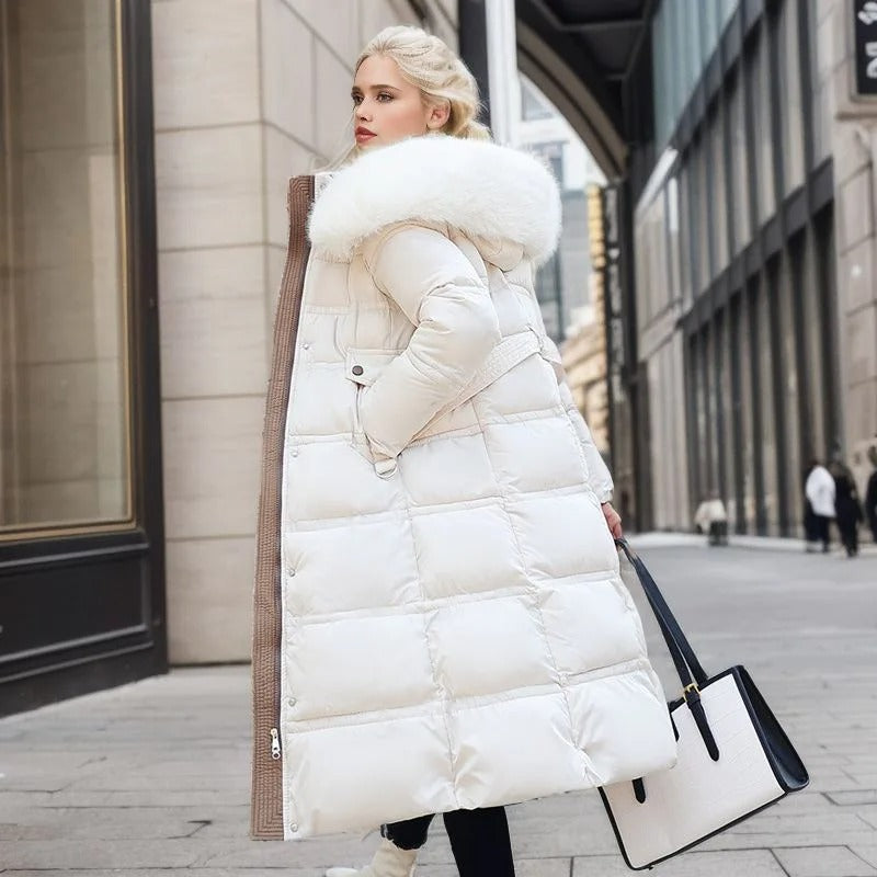 Women’s Belted Long Puffer Coat – Faux-Fur Collar Padded Winter Style for Cold-Weather City Wear Travel and Elegant Everyday Layering