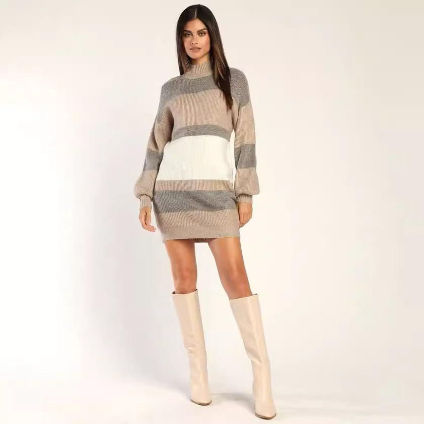 Women's Striped Rib-Knit Jumper Dress with Roll Neck