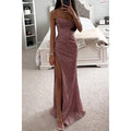 Women’s Rose Gold Glitter Split Hem Evening Maxi Dress