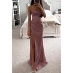 Women’s Rose Gold Glitter Split Hem Evening Maxi Dress
