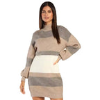 Women's Striped Rib-Knit Jumper Dress with Roll Neck