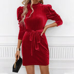 Women's Puff Sleeve Velvet Mini Dress with Tie Belt