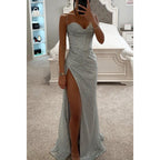 Women’s Rose Gold Glitter Split Hem Evening Maxi Dress