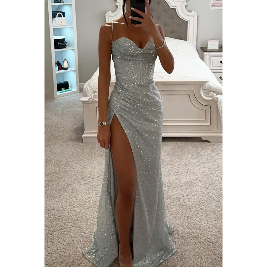 Women’s Rose Gold Glitter Split Hem Evening Maxi Dress