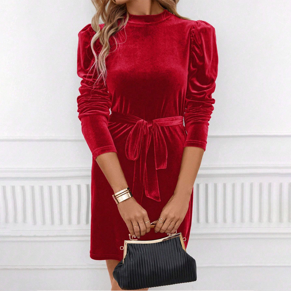 Women's Puff Sleeve Velvet Mini Dress with Tie Belt