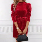 Women's Puff Sleeve Velvet Mini Dress with Tie Belt