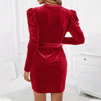 Women's Puff Sleeve Velvet Mini Dress with Tie Belt