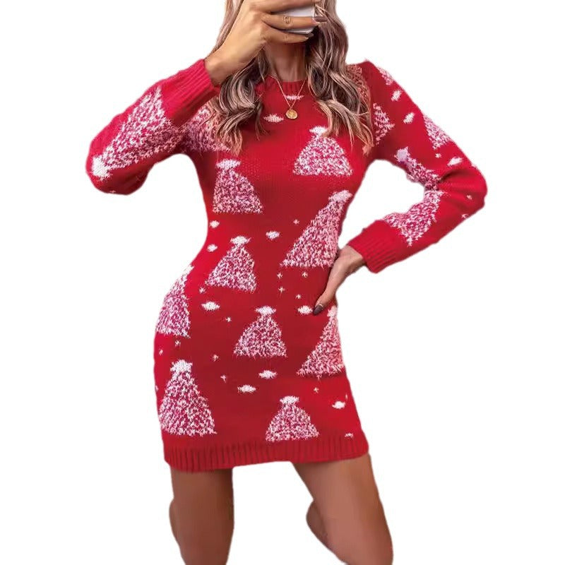 Women's Christmas Tree Knit Jumper Dress Bodycon Mini