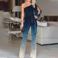 Women’s One-Shoulder Sequin Jumpsuit – Ombre Wide-Leg Evening Party Statement Outfit