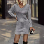Women's Cable Knit V-Neck Jumper Dress Long Sleeve