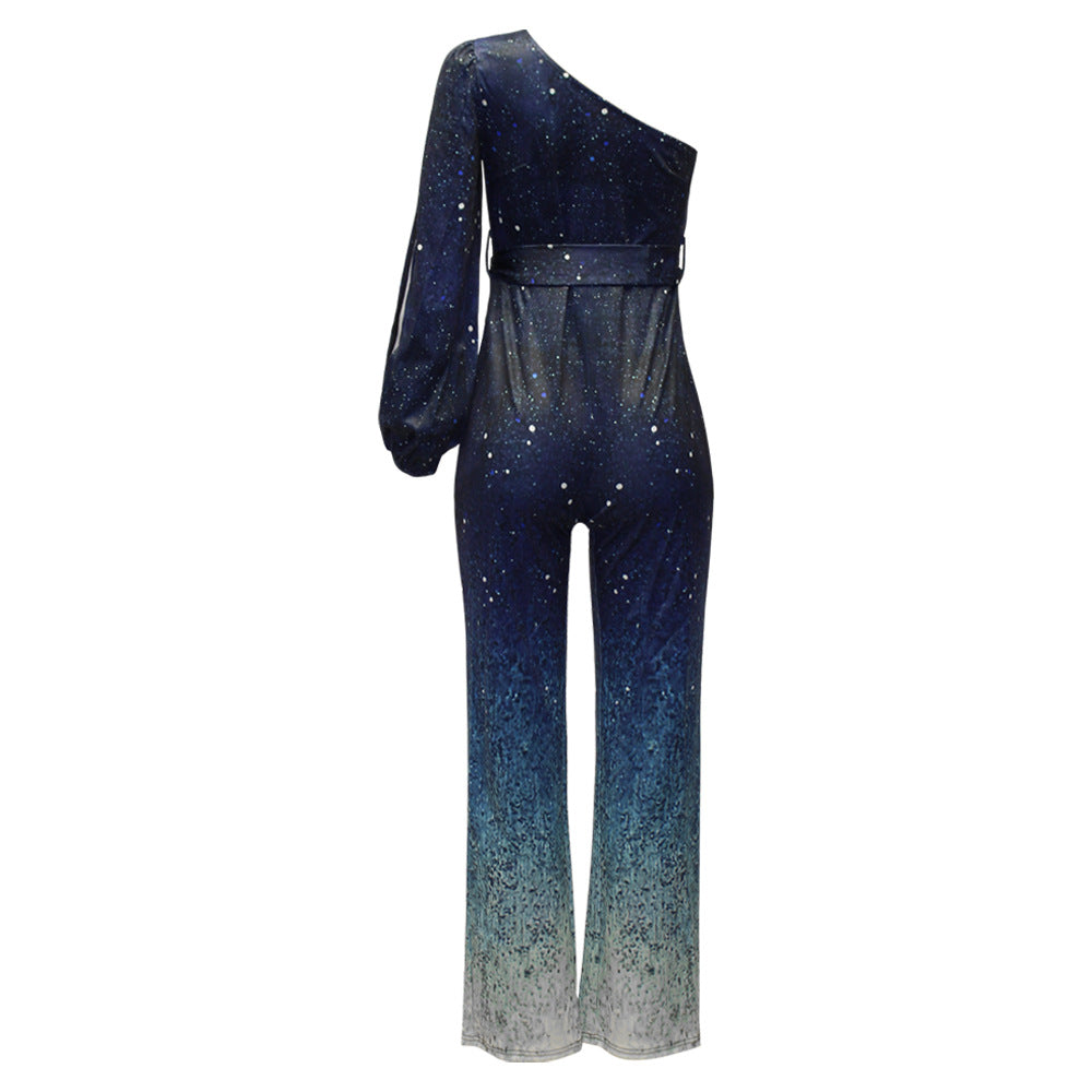 Women’s One-Shoulder Sequin Jumpsuit – Ombre Wide-Leg Evening Party Statement Outfit