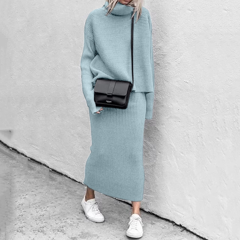 Women’s Ribbed Roll-Neck Skirt Co-Ord – Relaxed Long-Sleeve Jumper with Straight Long Skirt for Autumn and Winter