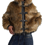 Women's Faux Fur Hooded Jacket with Toggle Closures