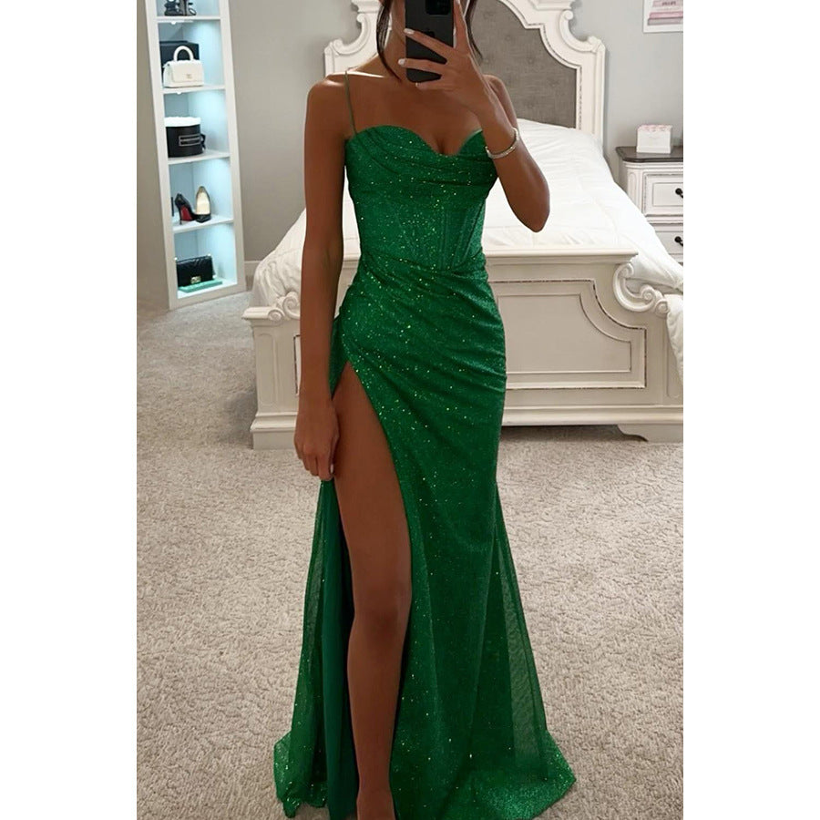 Women’s Rose Gold Glitter Split Hem Evening Maxi Dress