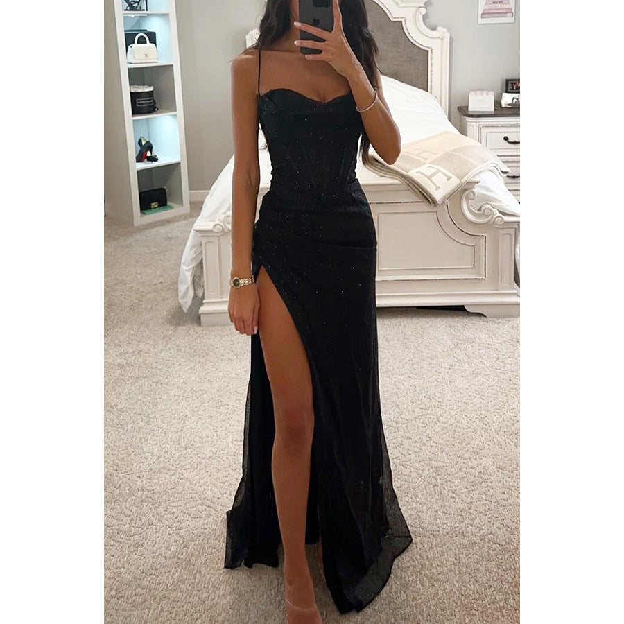Women’s Rose Gold Glitter Split Hem Evening Maxi Dress
