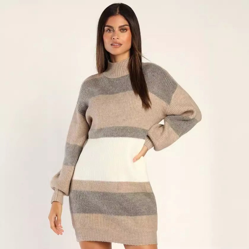 Women's Striped Rib-Knit Jumper Dress with Roll Neck