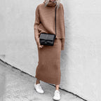 Women’s Ribbed Roll-Neck Skirt Co-Ord – Relaxed Long-Sleeve Jumper with Straight Long Skirt for Autumn and Winter