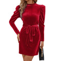 Women's Puff Sleeve Velvet Mini Dress with Tie Belt