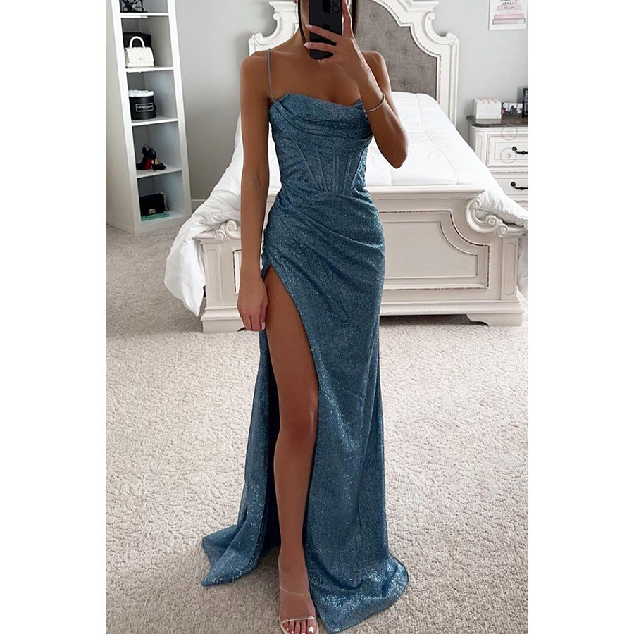 Women’s Rose Gold Glitter Split Hem Evening Maxi Dress