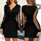 Women's Sequin V-Neck Mini Dress with Sheer Sleeves
