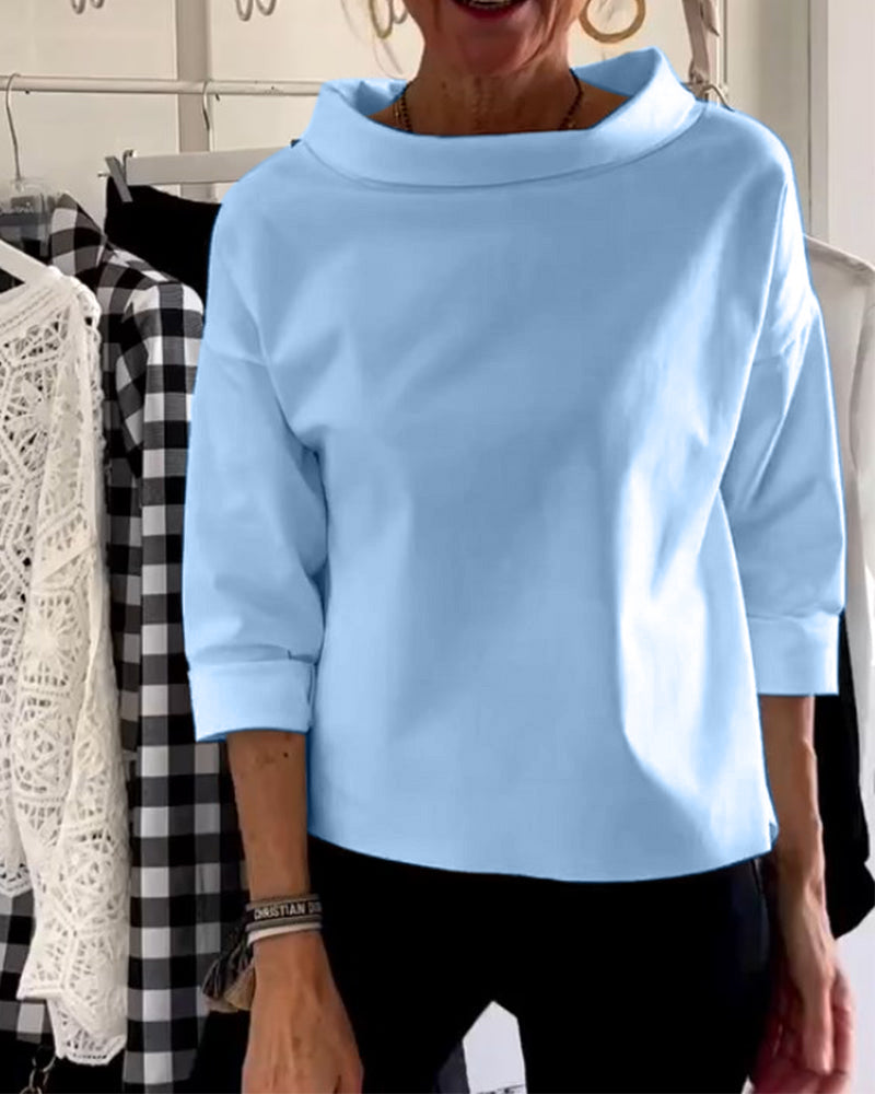 Women’s Wide-Neck Cotton Blouse – Relaxed Three-Quarter Sleeve Top for Polished Everyday Wear