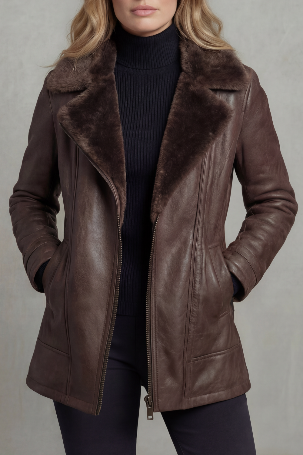 Shearling-lined elegance | Leather jacket - Brown